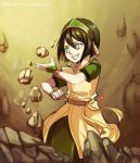  1girl aqua_eyes avatar:_the_last_airbender black_hair blind chinese_clothes flat_chest green_eyes kellylee rock short_hair smile solo toph_bei_fong 