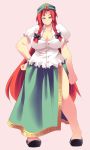  alternate_costume bad_id blue_eyes braid breasts cleavage hat highres hong_meiling large_breasts long_hair pink_background plump red_hair redhead simple_background solo tiny_head touhou twin_braids ushi very_long_hair 