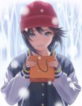  1girl bag black_hair hat highres idolmaster jacket kikuchi_makoto looking_at_viewer nekopuchi short_hair snow solo valentine 