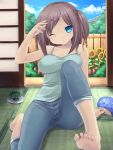  arm_up ass bare_shoulders barefoot blue_eyes breasts brown_hair camisole capri_pants fan feet flower hair_ornament hairclip jeans large_breasts long_hair looking_at_viewer mosquito_coil original paper_fan side_ponytail sitting soles solo sunflower tatami tsukumiya_amane uchiwa wink 