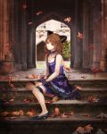  absurdres autumn brown_hair cat_ears choker dress high_heels leaves luluseason original purple_dress ribbon sad sitting stockings violet_eyes 