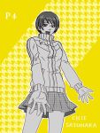  1girl :d asahijima badge bare_legs button_badge character_name cowboy_shot houndstooth legs looking_down monochrome open_mouth outstretched_arms persona persona_4 satonaka_chie short_hair skirt smile solo standing text title_drop tomboy track_jacket yellow 