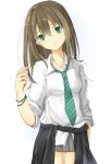  bracelet brown_hair earrings green_eyes idolmaster idolmaster_cinderella_girls jewelry long_hair myuu1995 necklace necktie school_uniform shibuya_rin skirt sleeves_rolled_up smile solo 