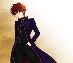  akatsuki3 bad_id cassock dark_persona emiya_shirou fate/stay_night fate_(series) hand_in_pocket kotomine_shirou male red_hair redhead short_hair solo what_if yellow_eyes 