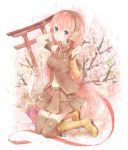  bad_id bare_shoulders blue_eyes boots detached_sleeves hand_on_headphones headphones long_hair megurine_luka mikanniro petals pink_hair skirt solo thigh-highs thighhighs vocaloid wind 