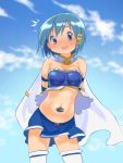  :d arms_behind_back babydoll blue blue_background blue_eyes blue_hair blue_skirt blush cape clouds cowboy_shot fortissimo fortissimo_hair_ornament gloamy hair_ornament highres magical_girl mahou_shoujo_madoka_magica midriff miki_sayaka open_mouth short_hair skirt sky smile standing thigh-highs white_cape white_legwear zettai_ryouiki 