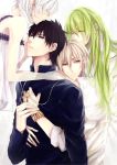  3boys 9tsumura blonde_hair bracelet brown_eyes brown_hair claudia_hortensia claudia_ortensia couple cross cross_necklace dress enkidu_(fate/strange_fake) eyepatch fate/strange_fake fate/zero fate_(series) gilgamesh green_eyes green_hair hug husband_and_wife jewelry kotomine&#039;s_wife kotomine's_wife kotomine_kirei long_hair multiple_boys necklace red_eyes robe short_hair wavy_hair white_hair wide_sleeves 