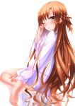  asuna_(sao) barefoot blush braid brown_eyes brown_hair feet hand_on_own_face highres long_hair naked_shirt open_mouth panties reflective_floor see-through_silhouette simple_background soles solo sword_art_online swordsouls tears toes turning underwear white_background wink yuuki_asuna 