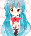  blue_hair bow favfavver2 hands_clasped heart heart-shaped_pupils heart_eyes hinanawi_tenshi long_hair no_hat no_headwear red_eyes smile solo symbol-shaped_pupils touhou wrist_cuffs 
