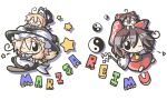  aoblue broom broom_riding character_name chibi_on_head gohei grin hakurei_reimu hat highres kirisame_marisa minigirl o_o simple_background smile star touhou white_background wink witch witch_hat yin_yang 