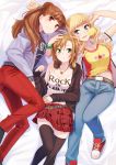  :p akai_kagerou_(artist) belt black_legwear blonde_hair blue_eyes brown_eyes brown_hair candy clothes_writing green_eyes headphones idolmaster idolmaster_cinderella_girls jacket jeans jewelry kamiya_nao lollipop long_hair lying multiple_girls necklace ootsuki_yui open_mouth plaid plaid_skirt shoes short_hair skirt smile sneakers tada_riina tank_top thigh-highs thighhighs tongue wristband 