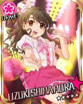 :d bow brown_eyes brown_hair character_name cinderella_girls_card_parody flower hair_bow idolmaster idolmaster_cinderella_girls makako microphone open_mouth outstretched_hand parody shimamura_uzuki side_ponytail skirt smile solo star 