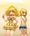  bike_shorts bow_(bhp) cure_peace dress dual_persona highres kise_yayoi magical_girl multiple_girls multiple_persona precure shorts_under_skirt sketch smile_precure! v yellow_dress yellow_eyes 