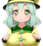  blush breasts bust cleavage green_eyes green_hair hat heart heart-shaped_pupils kanaria_(artist) komeiji_koishi large_breasts looking_at_viewer no_bra short_hair simple_background solo symbol-shaped_pupils tori_(minamopa) touhou 