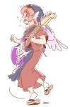  1girl animal_ears guitar head_scarf instrument japanese_clothes mitsumoto_jouji mystia_lorelei okamisty open_mouth pink_hair short_hair simple_background sketch smile solo sunglasses sunglasses_on_head touhou white_background wings 