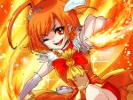  bike_shorts bowtie brooch choker clenched_hand cure_sunny dress fiery_background fire hino_akane jewelry magical_girl orange_(color) orange_background orange_dress orange_eyes orange_hair precure short_hair shorts_under_skirt skirt smile_precure! solo squatting tapaipai wink 