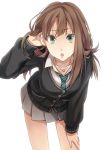  artist_request brown_hair cardigan collarbone hair_tucking hand_on_leg idolmaster idolmaster_cinderella_girls jewelry leaning_forward long_hair necklace necktie open_mouth pleated_skirt puchi_(nicovideo3971472) school_uniform shibuya_rin simple_background skirt solo white_background 