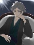  bad_id fate/zero fate_(series) grey_eyes japanese_clothes kimono male matou_kariya sitting smile white_hair yoichi_(ha-ya-shi) 
