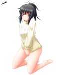  bare_legs barefoot black_eyes black_hair blush brown_eyes covering covering_crotch haru-yua highres kneeling legs looking_at_viewer naked_sweater original ponytail ribbed_sweater signature simple_background solo sweater sweater_tug white_background 