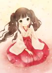 black_hair blush cherry_blossoms flower japanese_clothes kneeling long_hair miko mizutamako original solo twintails 