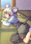  animal_ears capelet dowsing_rod footwear fun_bo grey_hair jewelry looking_back lying mouse_ears mouse_tail nazrin on_stomach pendant red_eyes short_hair skirt socks solo tail touhou white_legwear 