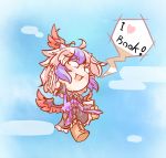  :d boots chibi english flying head_wings heart mintmochi_(artist) multicolored_hair o_o open_mouth outstretched_arms sky smile solo speech_bubble tokiko_(touhou) touhou two-tone_hair wings 
