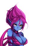  arseyou between_breasts blue_skin breasts cleavage evelynn facial_mark forehead_mark large_breasts league_of_legends pink_hair pointy_ears short_hair smile solo yellow_eyes 