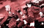  1girl archer between_fingers cityscape fate/stay_night fate_(series) flying gem hair_ribbon highres long_coat long_hair monochrome pleated_skirt ribbon sato-pon skirt thigh-highs thighhighs tohsaka_rin toosaka_rin two_side_up zettai_ryouiki 