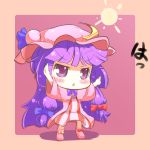  border chibi crescent energy_ball hat long_hair mintmochi_(artist) outstretched_arms patchouli_knowledge purple_eyes purple_hair solo striped touhou translation_request vertical_stripes violet_eyes 