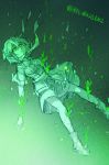  aura bad_id bare_legs boots crack floating glowing glowing_eyes green green_eyes highres looking_at_viewer mizuhashi_parsee monochrome pointy_ears rex_k scarf severed_hand short_hair skirt solo text touhou translated translation_request 