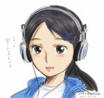  black_eyes copyright_request hair_ornament hairclip headphones hydrangia jacket long_hair ponytail portrait real_life_insert sketch smile solo translated 