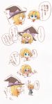  2girls alice_margatroid blonde_hair blue_eyes blush braid capelet chibi comic green_eyes hairband hands_to_mouth hat hat_ribbon highres kirisame_marisa multiple_girls ribbon single_braid speech_bubble tears thought_bubble touhou translated translation_request witch witch_hat yamamoto_(pixiv517964) 