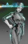  1girl bodysuit breasts hand_on_hip highres hips john_amor large_breasts lips shiny shiny_clothes short_hair silverhawks slender_waist solo steelheart title_drop wings 