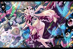  ass blonde_hair bow butterfly colorful expressionless eyes flower fox_mask gap hair_bow hat highres kabutoyama letterboxed long_hair mask panties ribbon solo touhou underwear very_long_hair wallpaper yakumo_yukari yellow_eyes 