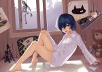  barefoot bed black_eyes blue_hair bottomless hair_over_one_eye highres legs majicjiang nazo_no_kanojo_x saliva saliva_trail shirt shirt_only short_hair sitting solo urabe_mikoto window 