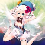  :d arms_up bare_shoulders barefoot blue_eyes breasts cleavage cleavage_cutout cloud_palette flower hat laces minidress open_mouth original ribbon_choker sitting smile solo thigh_strap wariza white_legwear 