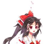  :d black_hair bow bust flower frills hair_bow hair_flower hair_ornament hakurei_reimu hand_on_own_chest long_hair open_mouth petals ponytail pukozin red_eyes smile solo touhou white_background 