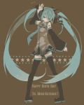  aqua_eyes aqua_hair bare_shoulders boots brown_background detached_sleeves happy_birthday hatsune_miku long_hair necktie satsuan0120 skirt solo star thigh-highs thigh_boots thighhighs twintails very_long_hair vocaloid 