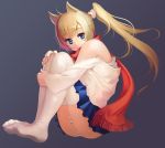  animal_ears blonde_hair blue_background blue_eyes cat_ears copyright_request leg_hug long_hair lono looking_at_viewer no_shoes off_shoulder panties pleated_skirt ponytail scarf simple_background sitting skirt smile solo striped striped_panties thigh-highs thighhighs underwear white_legwear 