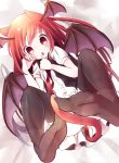  :o animal_ears bat_wings black_legwear cat_ears cat_tail feet head_wings highres kemonomimi_mode koakuma long_hair masaharu_(nuaa) necktie no_shoes open_clothes open_mouth open_shirt panties red_eyes red_hair redhead solo tail thigh-highs thighhighs touhou underwear wings 