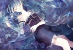  aqua_hair bare_shoulders blue_dress blue_rose closed_eyes collarbone dress eyes_closed flower hatsune_miku lace long_hair lying mimittsu nail_polish paranoia_(vocaloid) partially_submerged ribbon rose solo strap_slip very_long_hair vocaloid water 