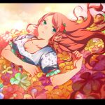  aqua_eyes bad_id brown_hair food fruit hair_ornament letterboxed long_hair looking_at_viewer lying on_back original solo strawberry youmi 