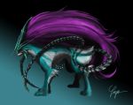  fur long_hair mane multiple_tails neon_trim no_humans pokemon purple_hair realistic red_eyes signature solo suicune tail tominaga very_long_hair 