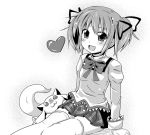  :3 :d bow creature greyscale hair_ribbon heart ichimi kaname_madoka kyubey long_sleeves looking_at_viewer mahou_shoujo_madoka_magica monochrome open_mouth plaid plaid_skirt pleated_skirt ribbon school_uniform short_hair short_twintails sitting skirt smile tail thigh-highs thighhighs twintails 