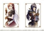  absurdres ahoge armor blue_eyes blue_hair breastplate gauntlets gloves hair_ribbon highres imca long_hair looking_at_viewer military military_uniform multiple_girls official_art pauldrons payot ponytail red_eyes ribbon riela_marcellis sega senjou_no_valkyria senjou_no_valkyria_3 shell side_ponytail uniform valkyria_chronicles very_long_hair 