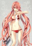  bow bra breasts cellphone cleavage gasai_yuno hair_bow hair_over_one_eye lingerie long_hair midriff mirai_nikki nail_polish navel open_mouth panties phone pink_eyes pink_hair red_bra red_panties smile tears tibino twintails underwear very_long_hair weapon 