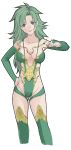 bad_id bare_shoulders breasts cleavage collarbone detached_sleeves final_fantasy final_fantasy_iv final_fantasy_iv_the_after green_eyes green_hair hand_on_hip hips jewelry leotard long_hair long_sleeves looking_at_viewer mound_of_venus necklace parted_lips rydia shiwasu simple_background solo standing thighhighs white_background 