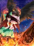  black_hair bow cape hair_bow long_hair molten_rock mouth_hold red_eyes reiuji_utsuho rock skirt sky solo star_(sky) starry_sky taker third_eye touhou wings 