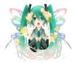  bad_id bare_shoulders butterfly_wings detached_sleeves flower green_eyes green_hair hair_flower hair_ornament hands_on_own_chest hatsune_miku musical_note necktie open_mouth solo twintails vocaloid wings yzkring 