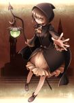  bad_id brown_eyes brown_hair dress hood lantern mtyy original outstretched_hand skull smile solo 